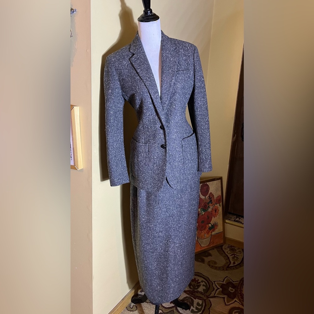 Vtg RALPH LAUREN Size 8 10 SkirtSuit Marled Gray Wool Preppy Classic Equestrian